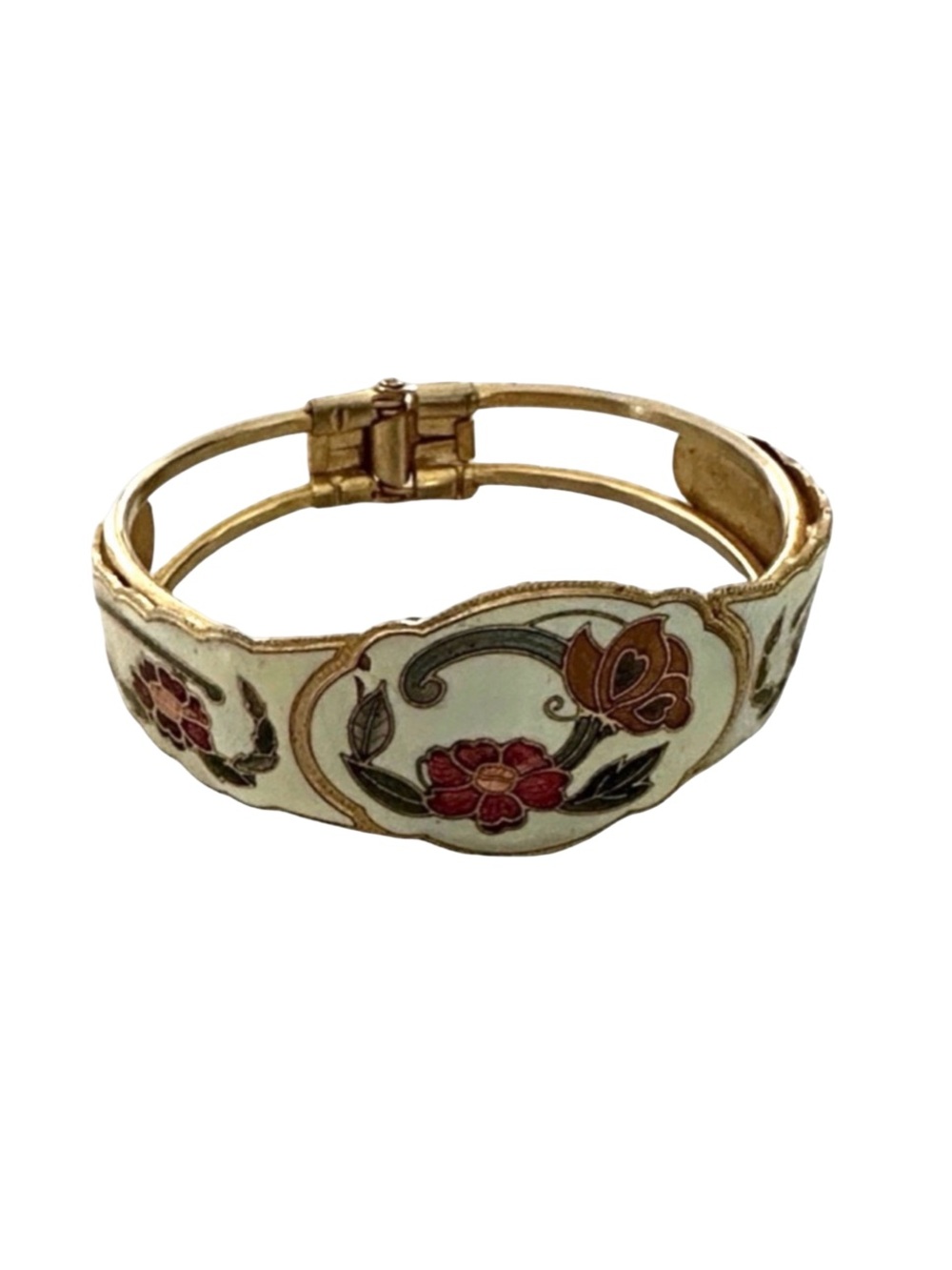 Vintage Enamel Floral Hinged Bangle Bracelet Gold Tone
